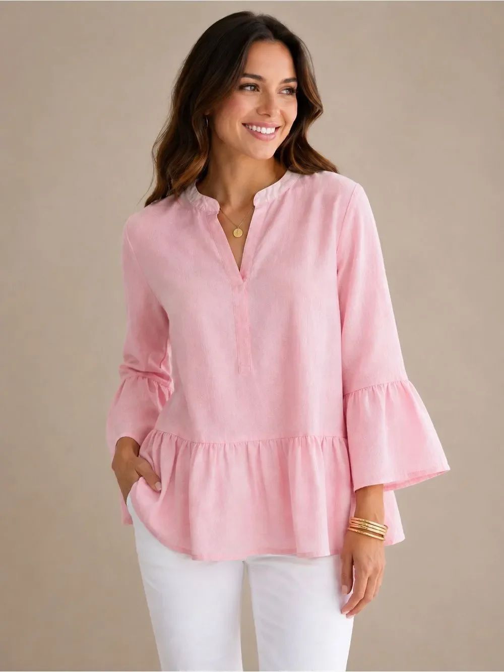 Lilly Pulitzer Pink Linen Peplum Tunic Top | Bell Sleeve Resort Blouse